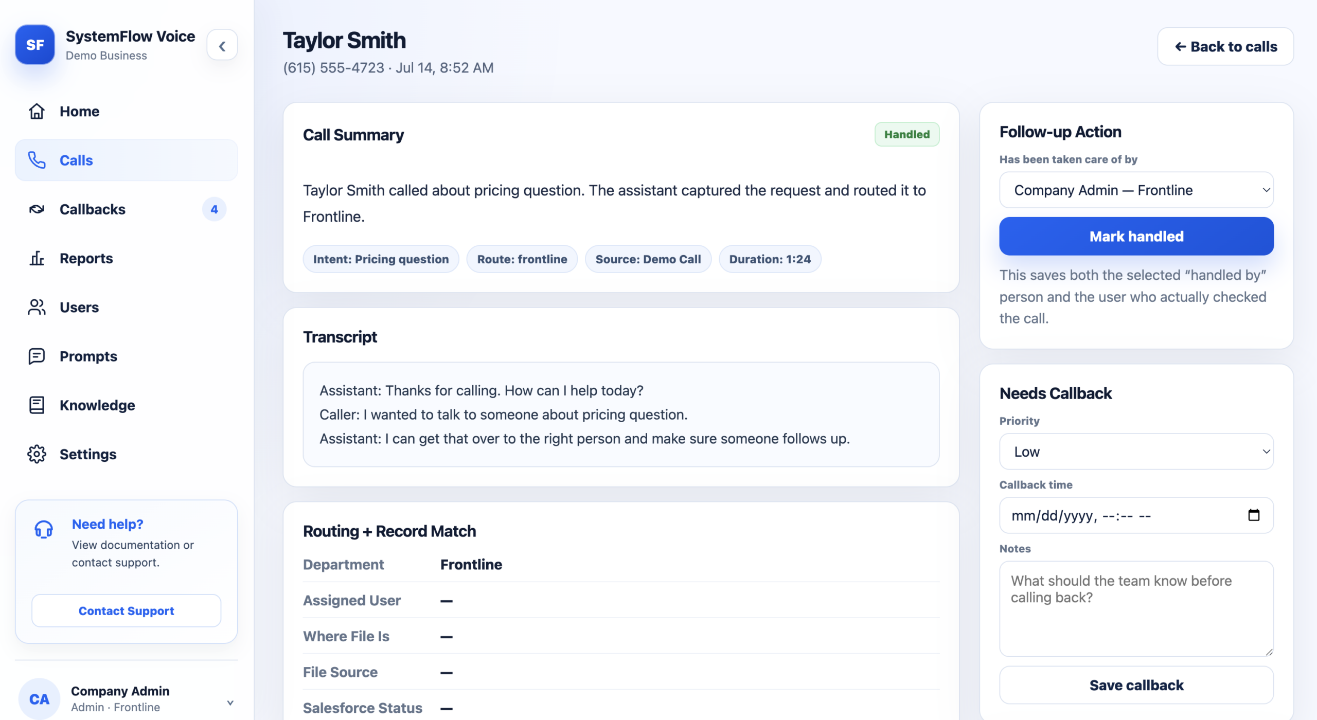 SystemFlow Voice calls and transcripts