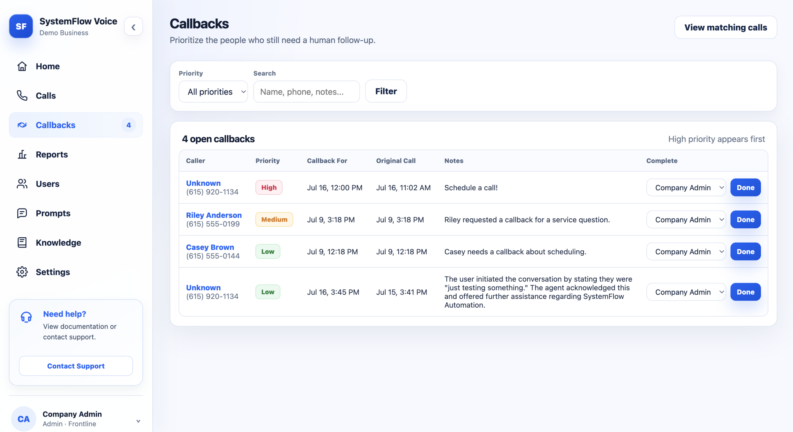 SystemFlow Voice callback management